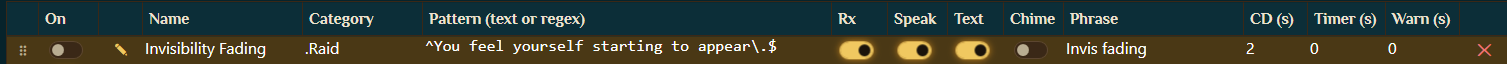 The new Invisibility Fading row in the active list with the On toggle still off