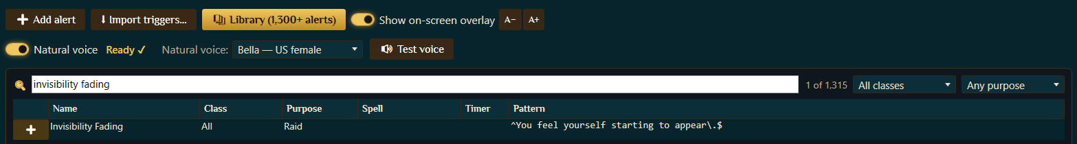 The library search box filled with invisibility fading, showing the single matching Invisibility Fading row with its pattern