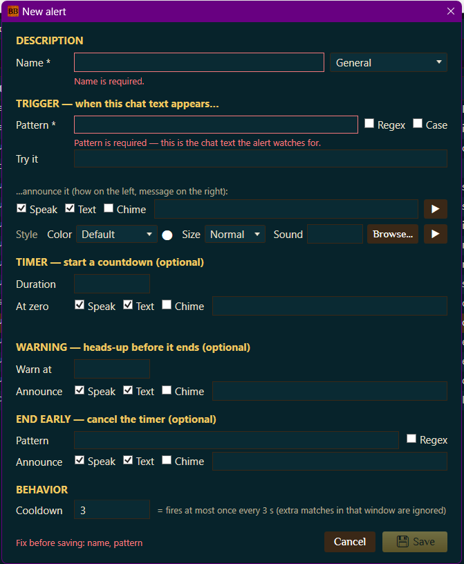 The full New Alert dialog showing the Description, Trigger, Announce, Style, Timer, Warning, End early, and Behavior sections