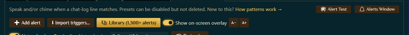 The Alerts tab top toolbar with the Add alert, Import triggers, Library, Show on-screen overlay buttons and the Alert Text and Alerts Window pop-out links