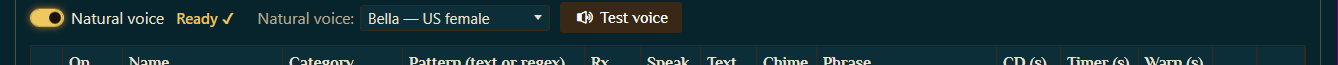 The natural voice toggle showing Ready, the voice picker set to Bella US female, and the Test voice button