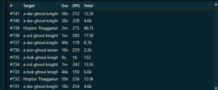 The fights list with columns for number, target, duration, DPS, and total