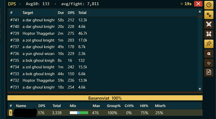 The live BasaBots EQL DPS window: header, the fights list, the contribution bar, the per-attacker breakdown, and the icon rail