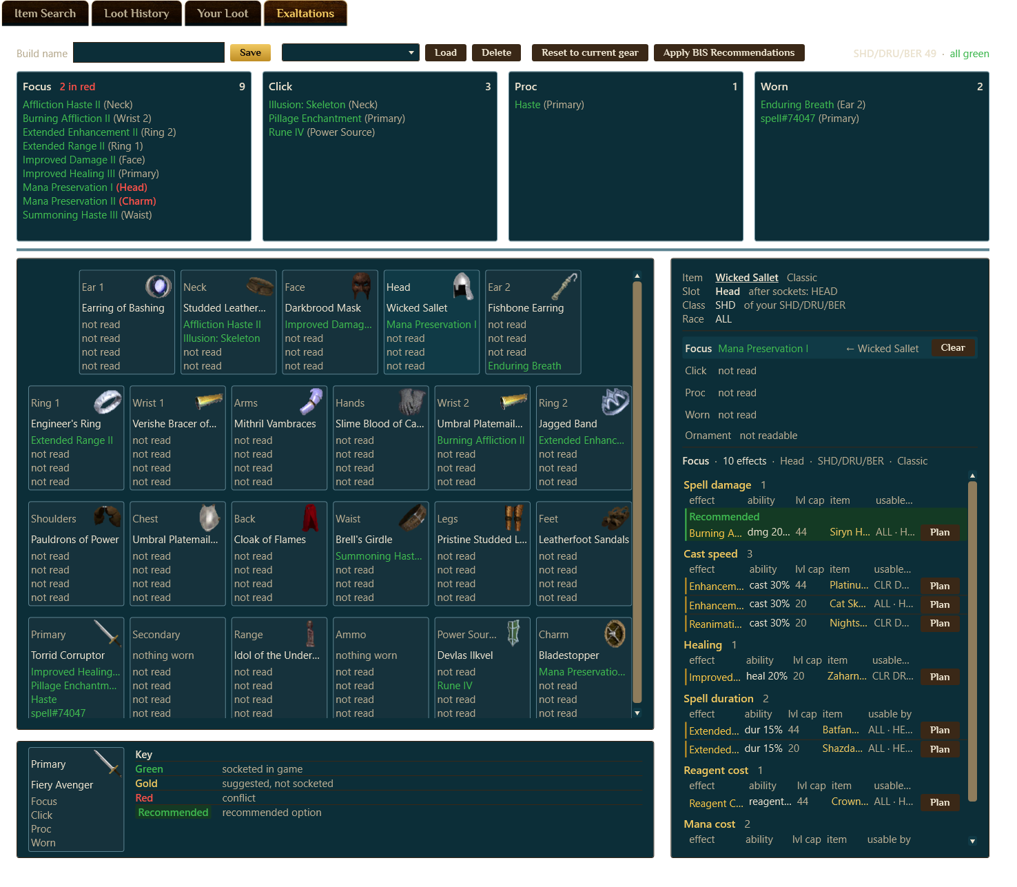 The exaltation planner solving best-in-slot Focus, Click, Proc and Worn exaltations across a full set of gear, with a recommendation board on the right