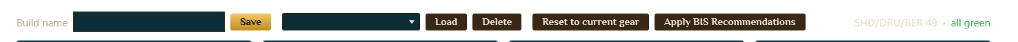 The planner toolbar with Build name, Save, Load, Delete, Reset to current gear, and the Apply BIS Recommendations button