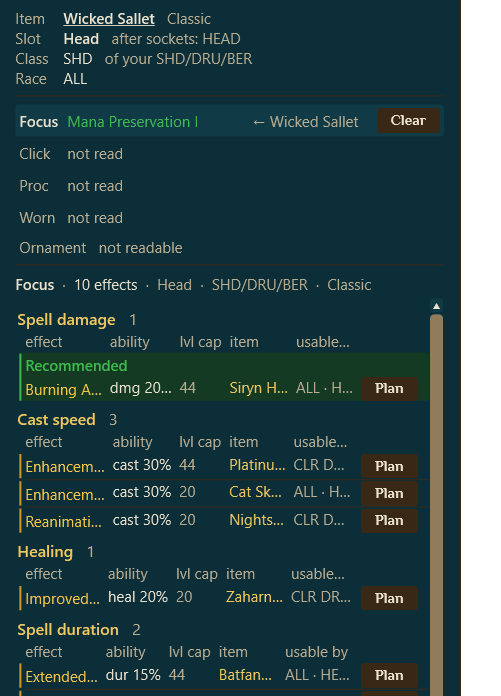 The board for one item: Focus effects grouped by Spell damage, Cast speed, Healing and Spell duration, each row with its ability, level cap, source item and usable-by classes, a green Recommended pick, and a Plan button