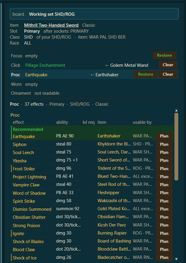 A weapon's proc options: 37 proc effects listed with their ability, level requirement, source item and usable-by classes, a green Recommended pick (Earthquake), and a Plan button on each row
