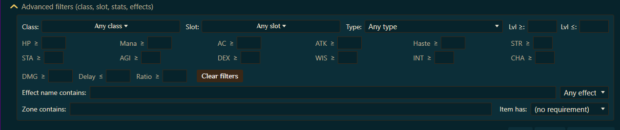 The advanced filter grid with class, slot, type, level, stat minimums, weapon damage, delay, ratio, effect name, and zone filters