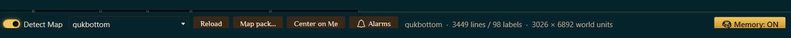 The map toolbar with Detect Map, the zone dropdown, Reload, Map pack, Center on Me, Alarms, the line and label counts, and the Memory ON button