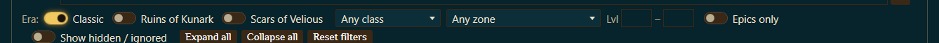 The quest filter bar: era checkboxes for Classic, Ruins of Kunark, and Scars of Velious, a class dropdown, a zone dropdown, a level range, Epics only, Show hidden, Expand all, Collapse all, and Reset filters