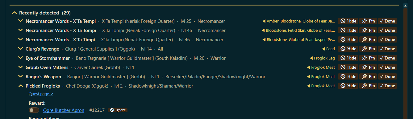 The Recently detected quest list with Hide, Pin, and Done buttons on each row, and an expanded quest showing its Quest page link and reward item